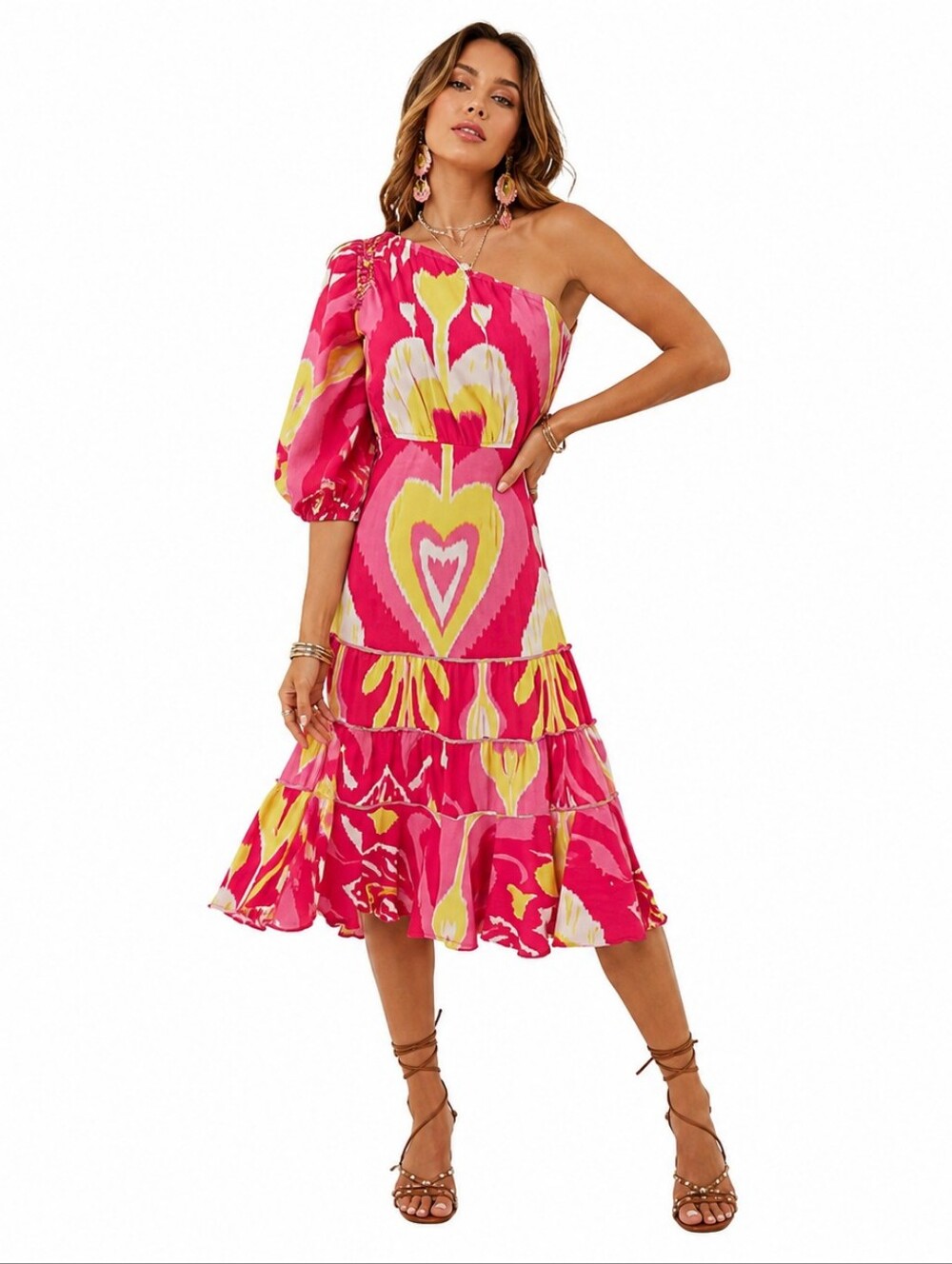 Sheridan French One Shoulder Tiered Midi Dress XS Pink Ikat Heart Beaded Boho
